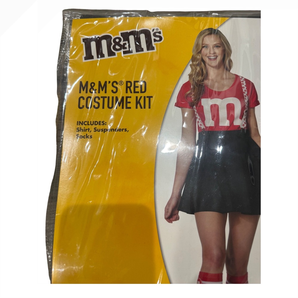 M&Ms Red Costume Adult Large Shirt Skirt Socks‎ Suspenders Candy Halloween Party - Picture 3 of 8